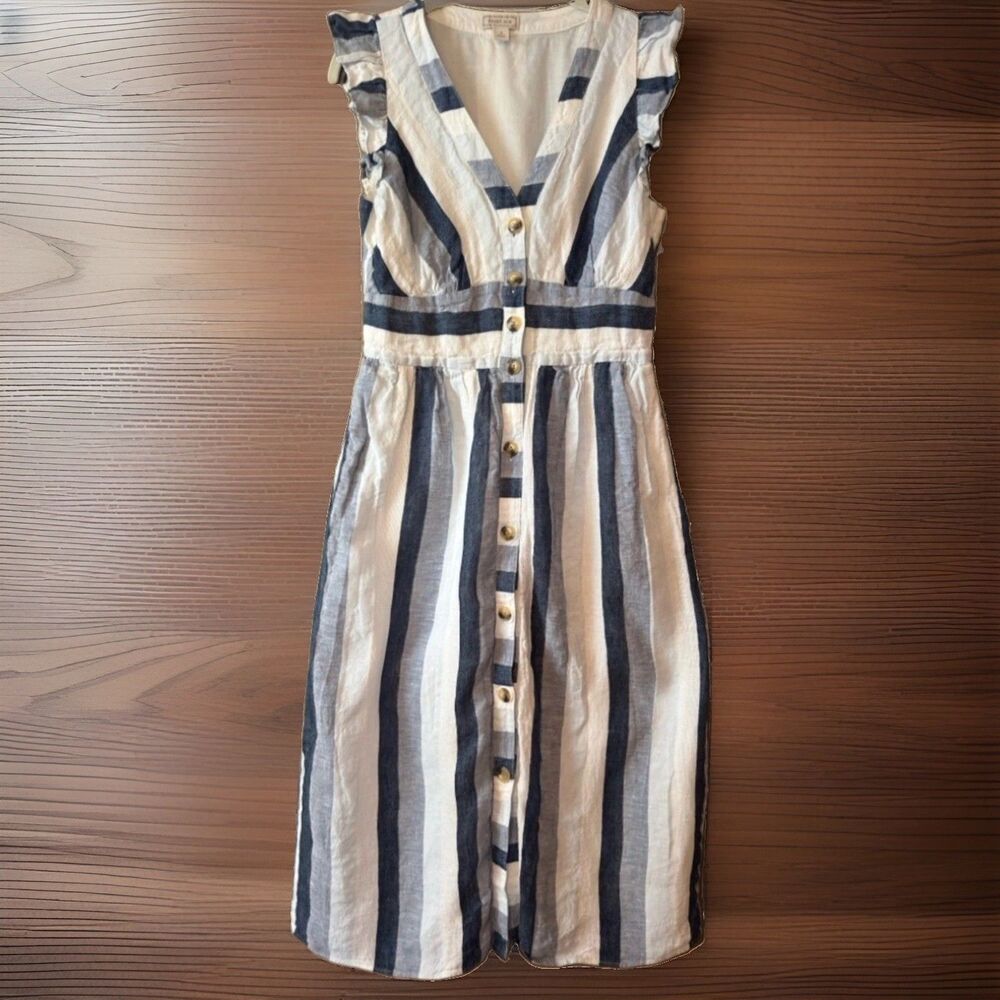 J. Crew Point Sur Linen Striped Sleeveless Dress Navy White Beach Coastal Size 4